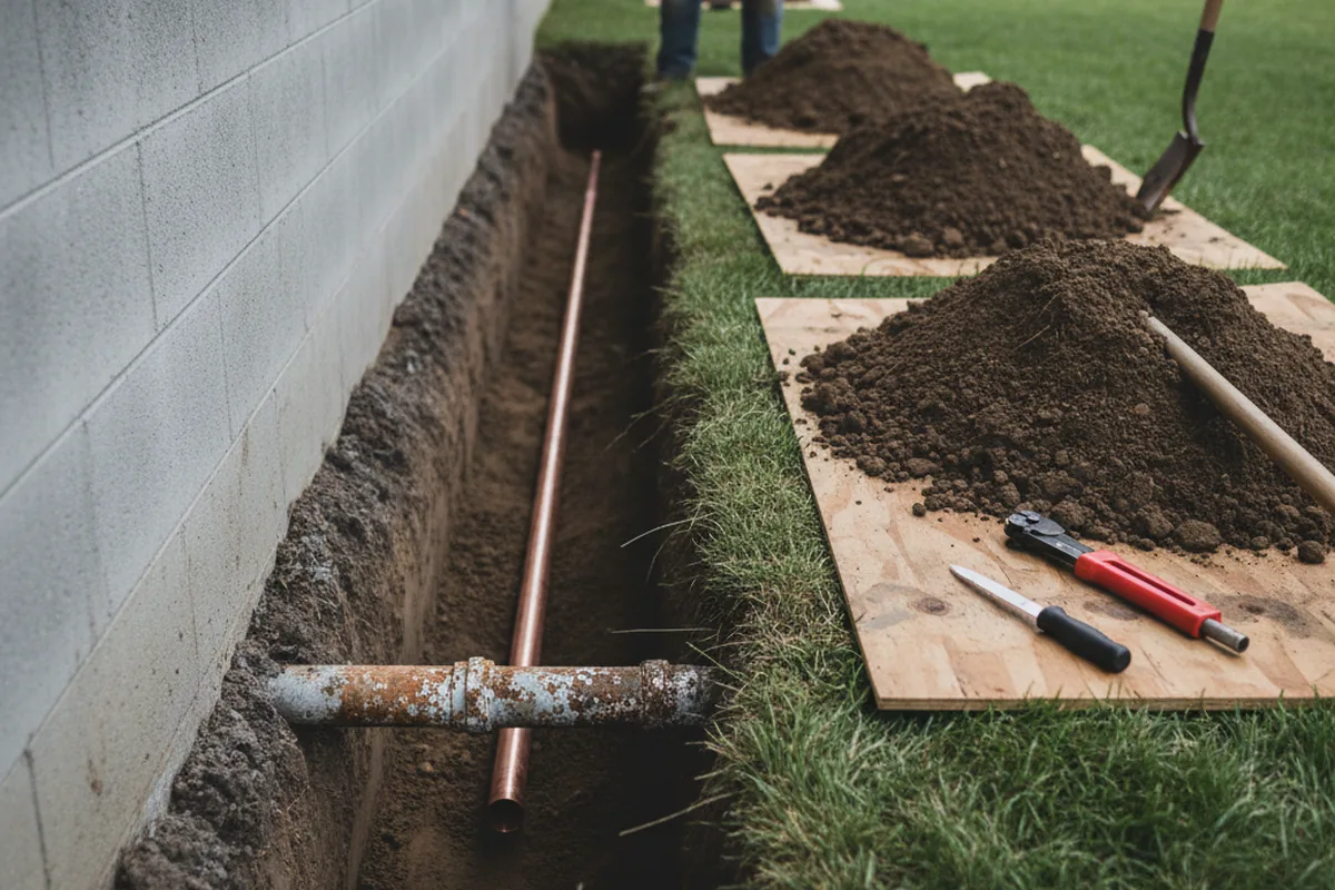 Excavated water line trench during Water Softener Installation in Garnett